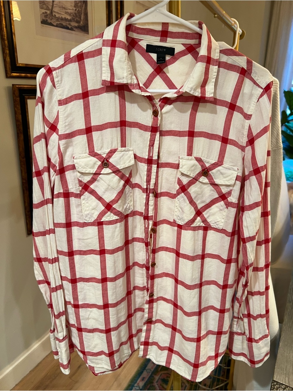 J. Crew White and Red Plaid Button-Down Shirt